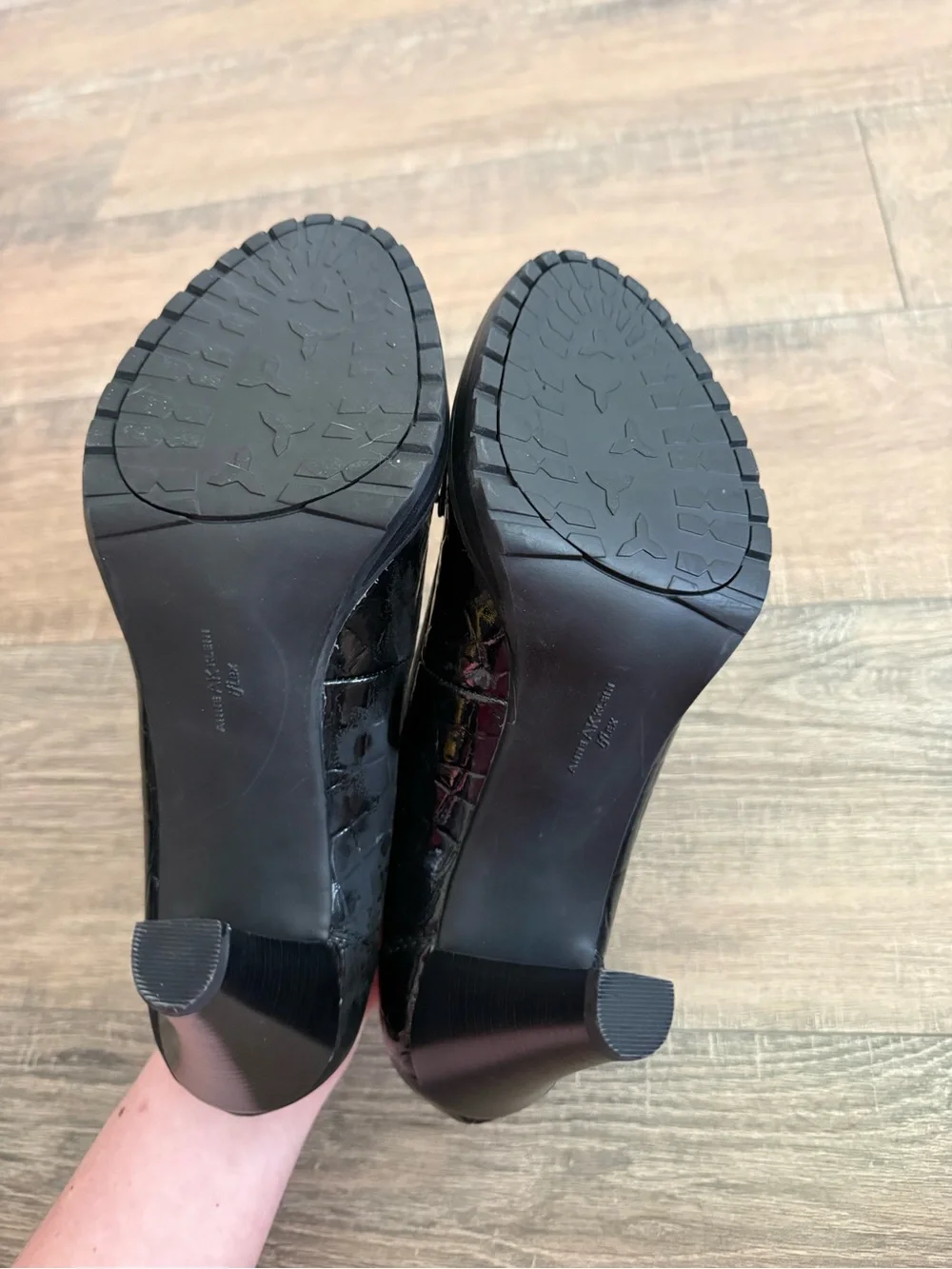 Anne Klein Black Patent Croc-Embossed Loafers with Metallic Accents